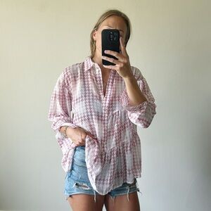 Cute Pink Babydoll‎ Houndstooth Topshop Blouse Pink and White Flowy Top
